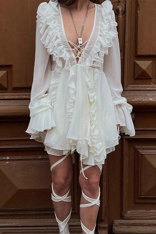 Glorol - Elegant Long-Sleeved V-Neck High-Waisted Mini Dress