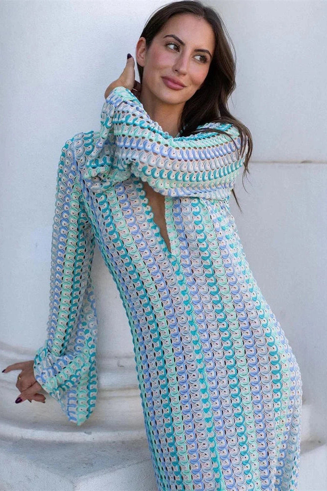 Glorol - Hollow Out V-Neck Long Sleeve Lace Patchwork Maxi Dress