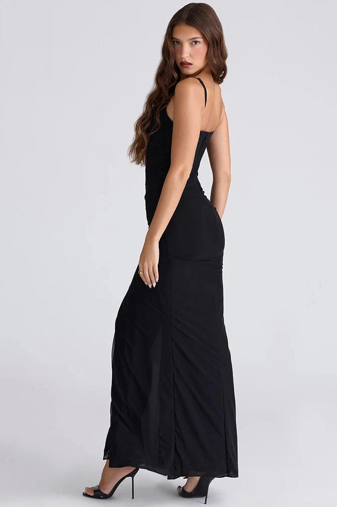 Glorol - Spaghetti Strap Backless Off-Shoulder Sleeveless Split Maxi Dress