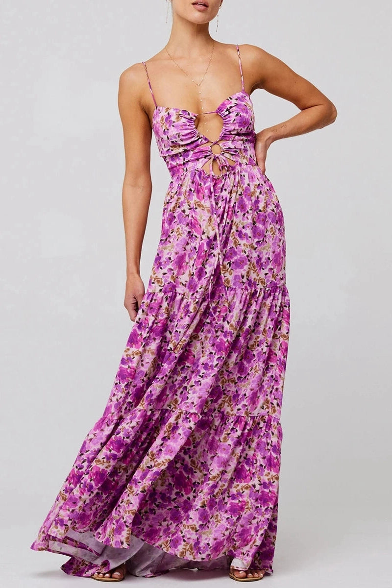Glorol - Sleeveless Spaghetti Strap Floral Print Maxi Dress
