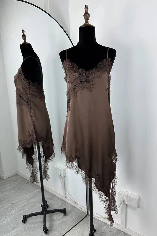 Glorol - Lace Backless Slit Spaghetti Strap Slim High Waist Irregular Mini Dress