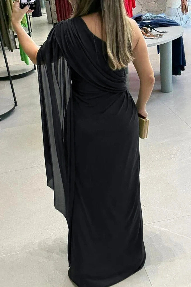 Glorol - Elegant Slash Collar High Split Maxi Dress