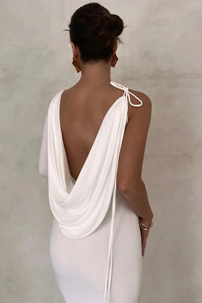 Glorol - Elegant V Neck One Sleeve Lace-up Backless Maxi Dress