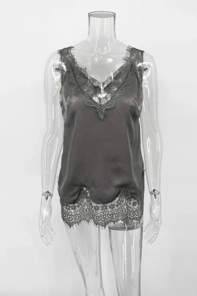 Glorol - Lace Printed V-Neck Patchwork Sleeveless Top