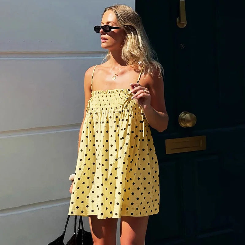 Glorol - Loose Polka Dot Lace Up Sleeveless Mini Dress