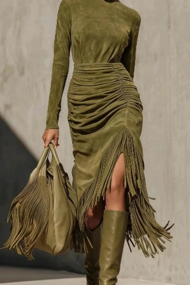 Glorol - Long Sleeve Turtleneck Fit High Waist Midi Dress