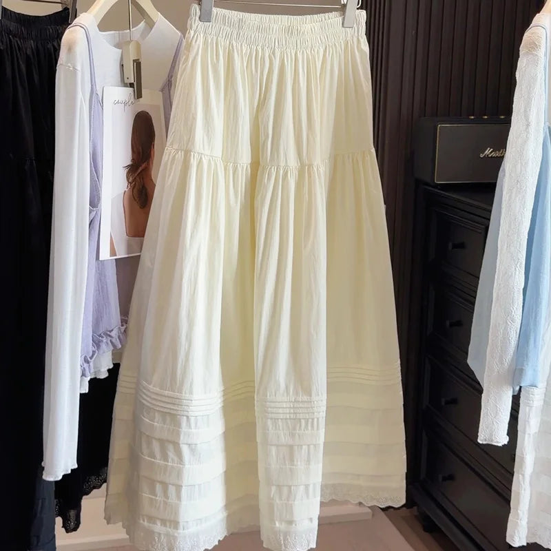 Glorol - High Waist Pleated Loose Lace Skirt