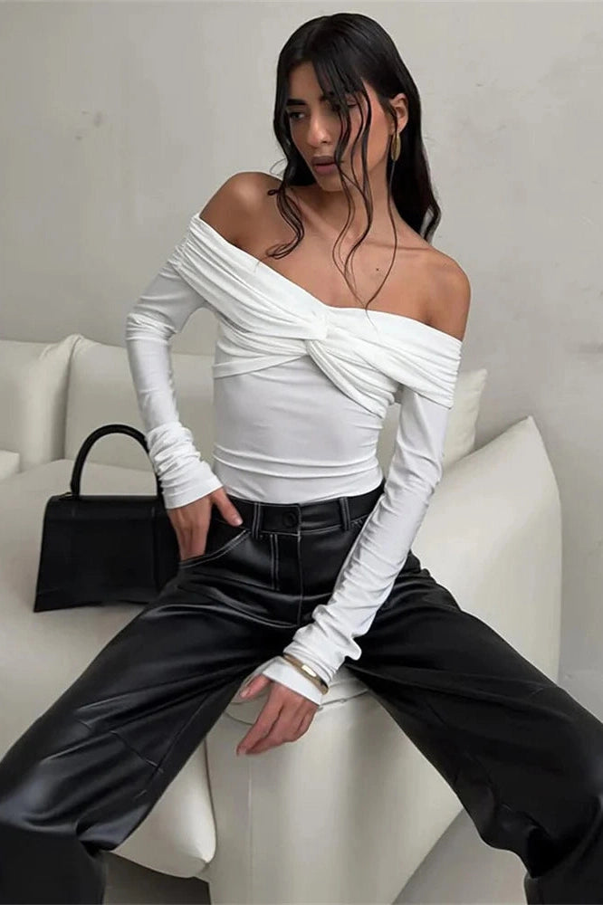 Glorol - Off-Shoulder Pleated Slim Patchwork Backless Top