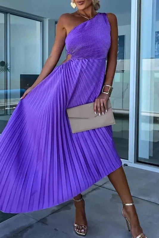 Glorol - Hollow Out One Shoulder Slim Fit Pleated Maxi Dress
