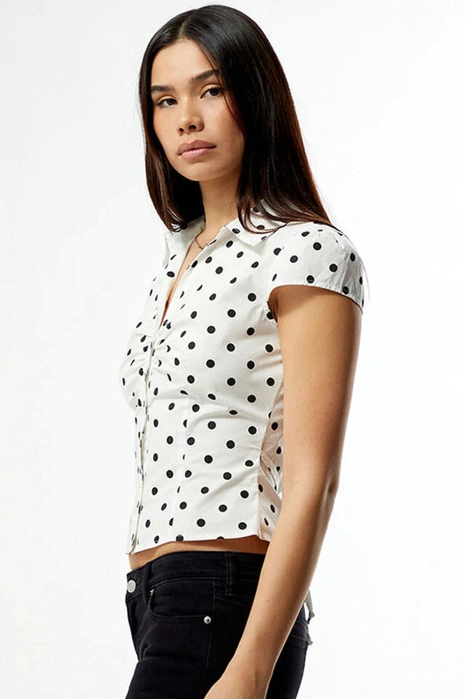 Glorol - Polka Dot Short Sleeve Single-Breasted Lace-Up Top