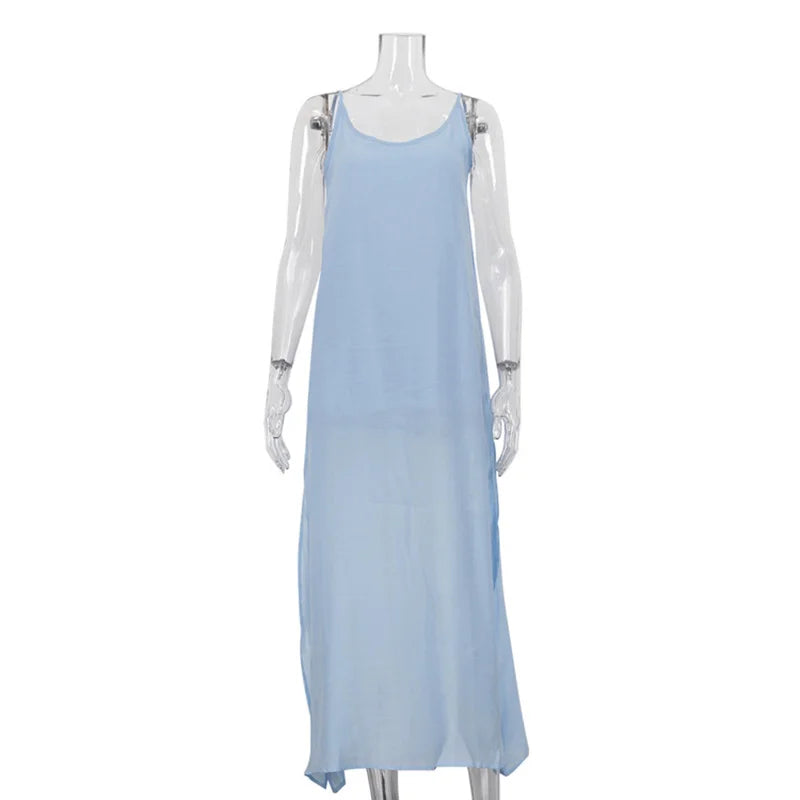 Glorol - Spaghetti Strap O Neck Sleeveless Slit Maxi Dress