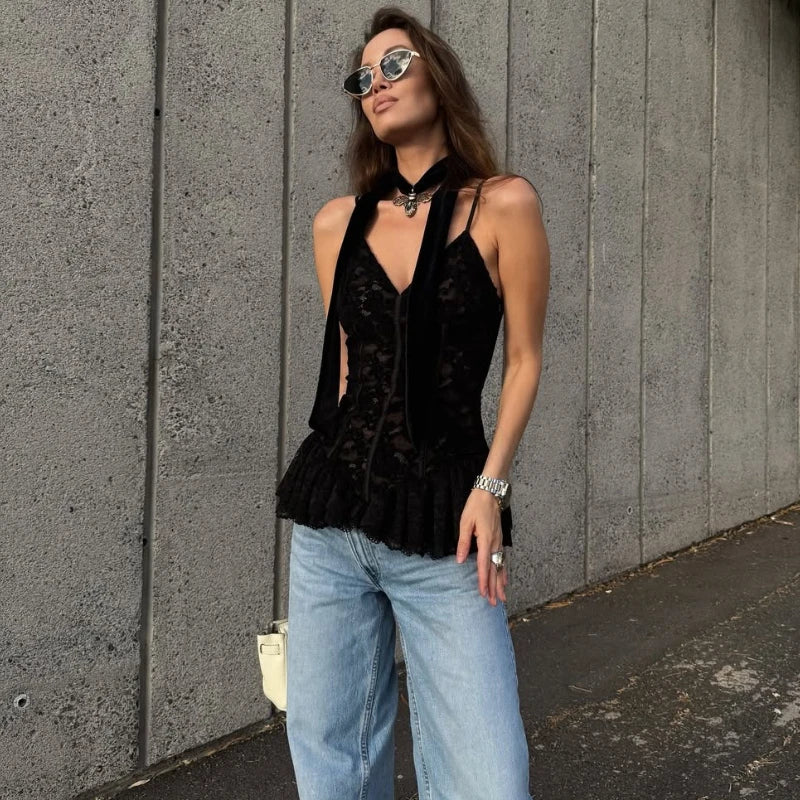 Glorol - Lace V-Neck Slim Sleeveless Top