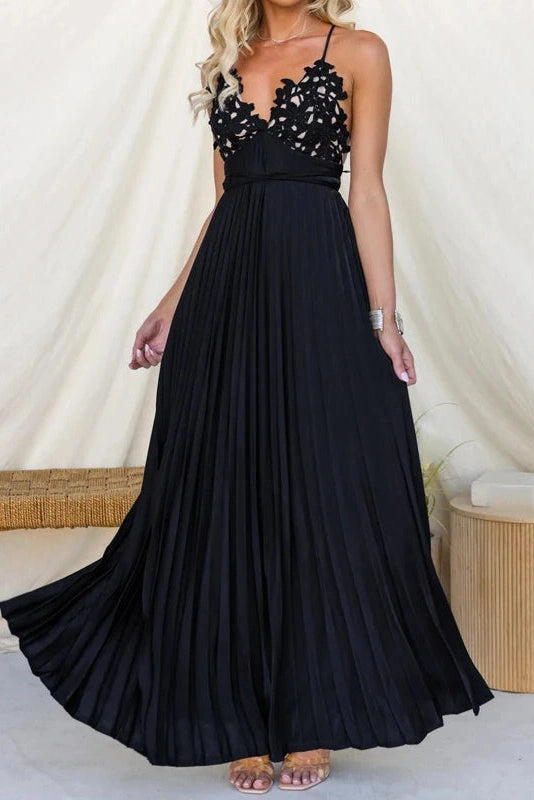 Glorol - Backless Pleated Lace Sleeveless High Waist Maxi Dress
