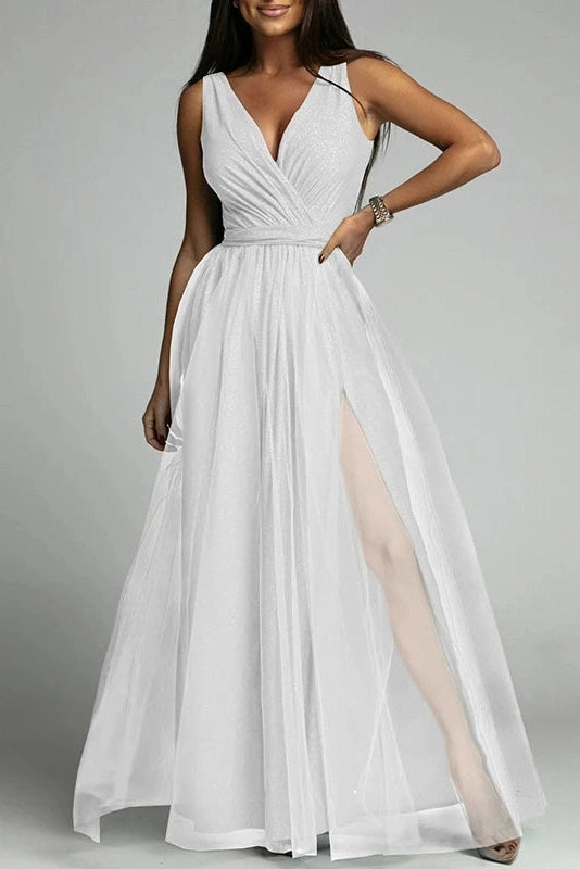 Glorol - Elegant Lace Sleeveless V Neck Maxi Dress