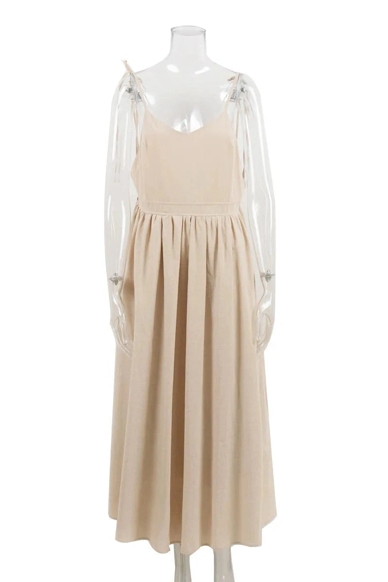 Glorol - Elegant Backless V Neck Midi Dress