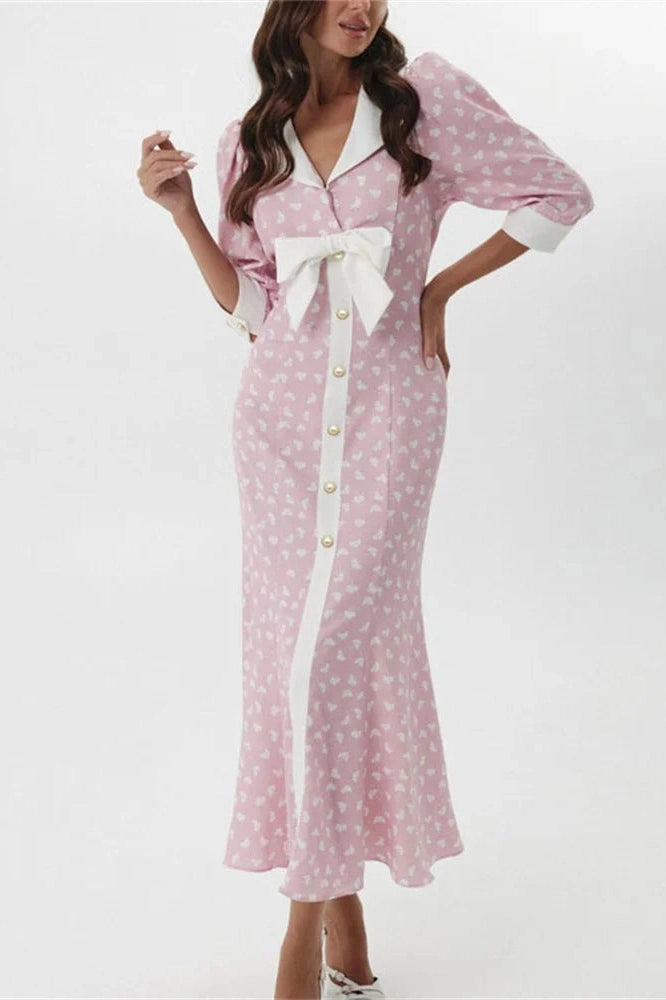 Glorol - Printed V-Neck Patchwork Midi Dress