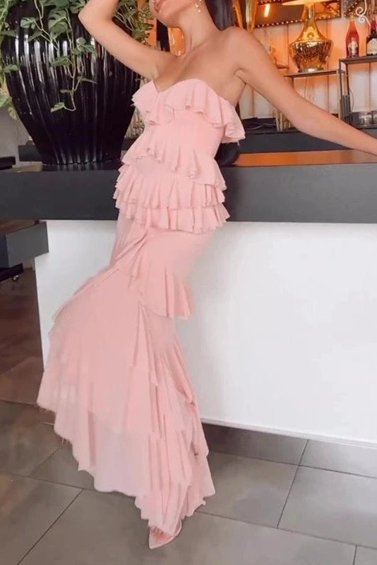 Glorol - Elegant High Waist Split Strapless Maxi Dress