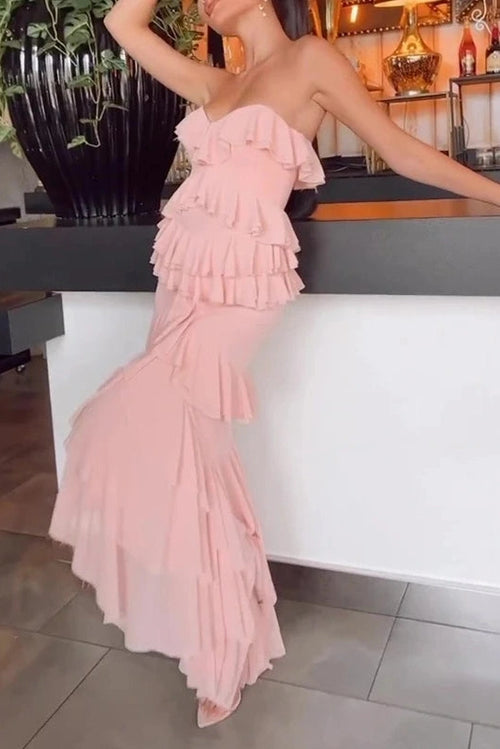 Glorol - Elegant High Waist Split Strapless Maxi Dress
