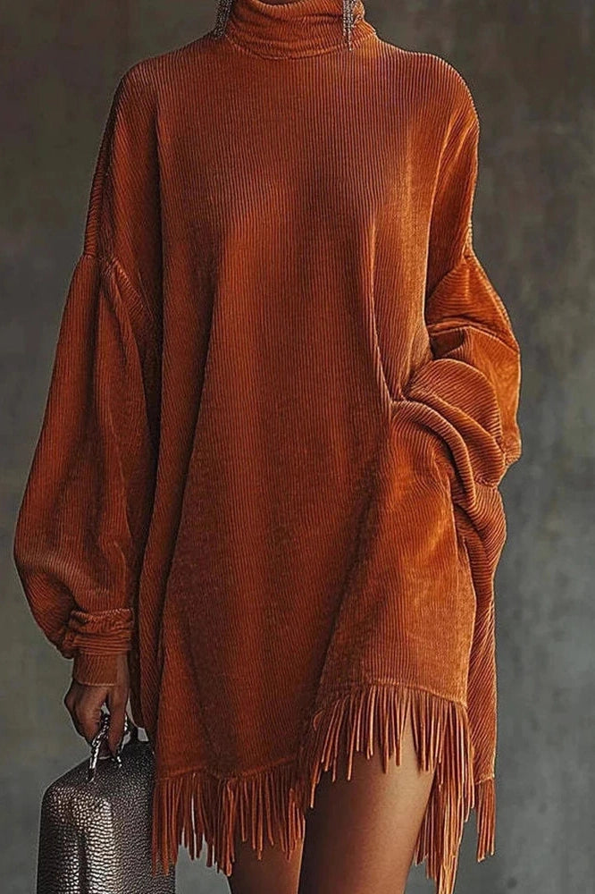 Glorol - Elegant High Waist Long Sleeve High Collar Loose Mini Dress