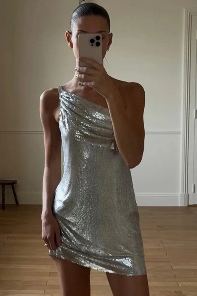 Glorol - One Shoulder Sleeveless Backless Mini Dress