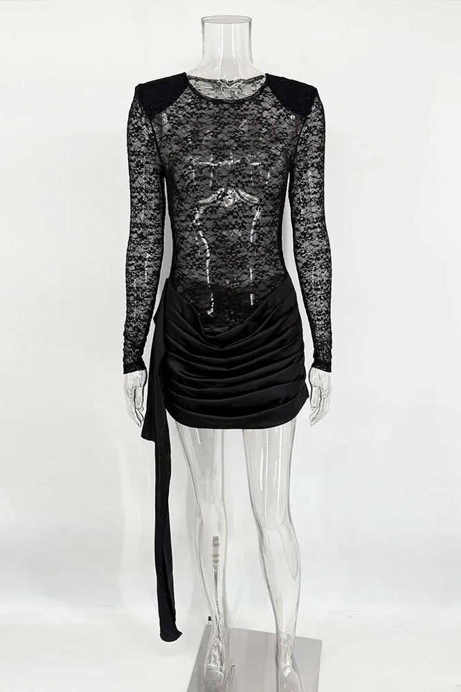 Glorol - Hollow Out Lace Long Sleeve Slim Fit Mini Dress