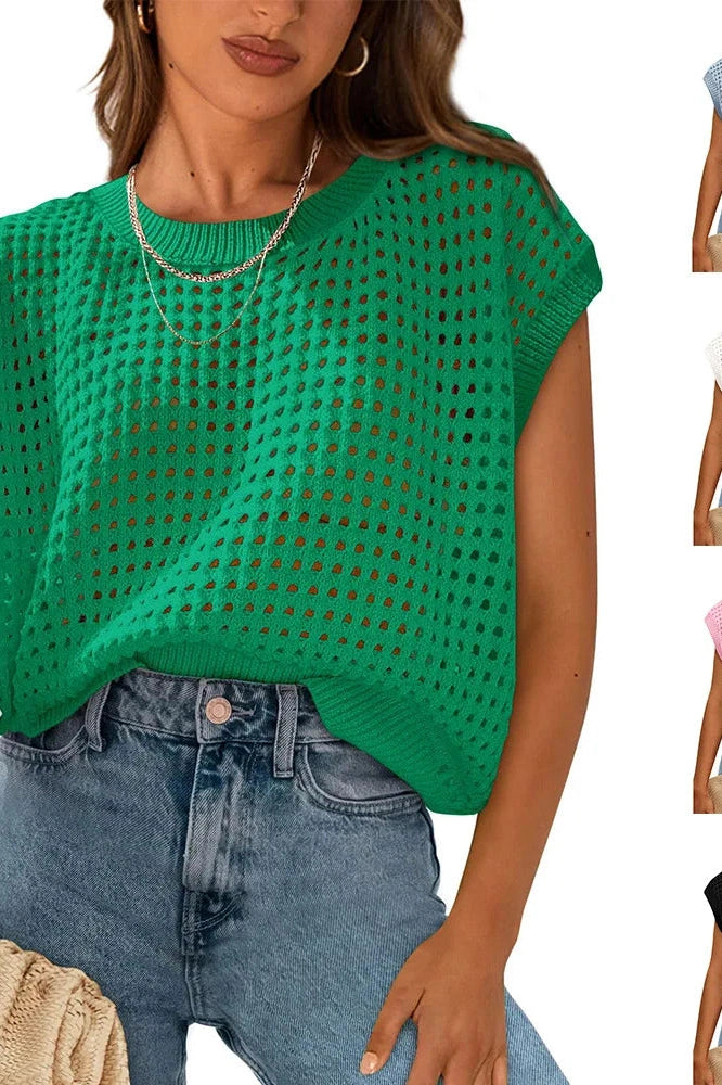 Glorol - Hollow Out O-Neck Loose Knitted Top