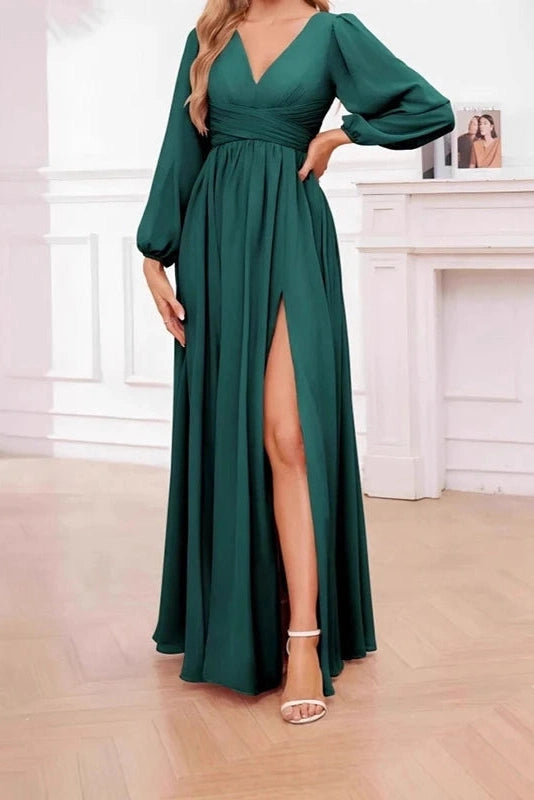 Glorol - Elegant Long Sleeve Loose V-Neck Split Maxi Dress