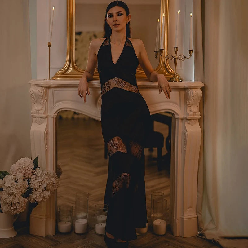 Glorol - Lace Deep V Neck Backless Slim Maxi Dress