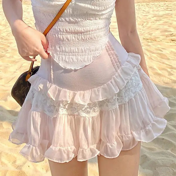 Glorol - High Waist Lace Patchwork A-Line Skirt