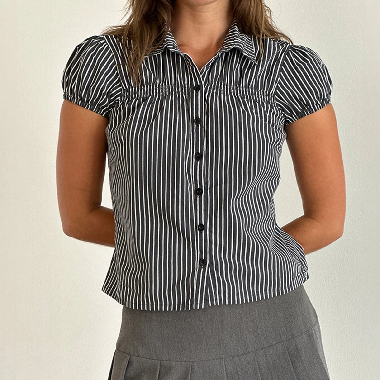 Glorol - Sleeves Stripes Plaid Print Slim Fit Top