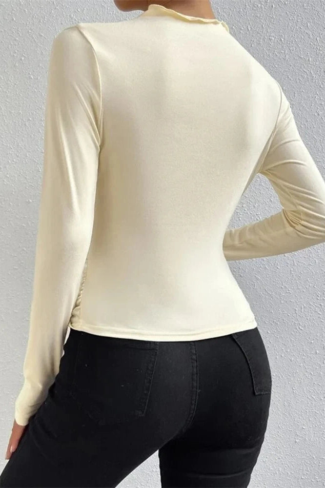 Glorol - Pleated Patchwork Long Sleeve Top