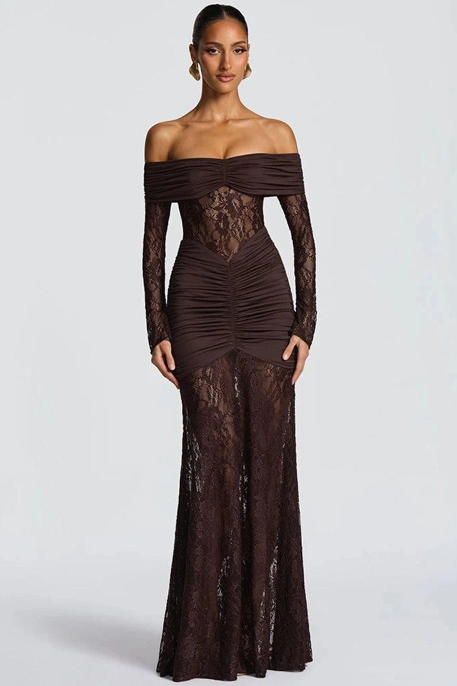 Glorol - Off-Shoulder Long Sleeve Lace See Through Strapless Bodycon Maxi Dress