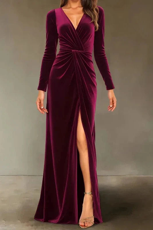 V-Neck Slim High Waist Pleated A-Line Maxi Dress