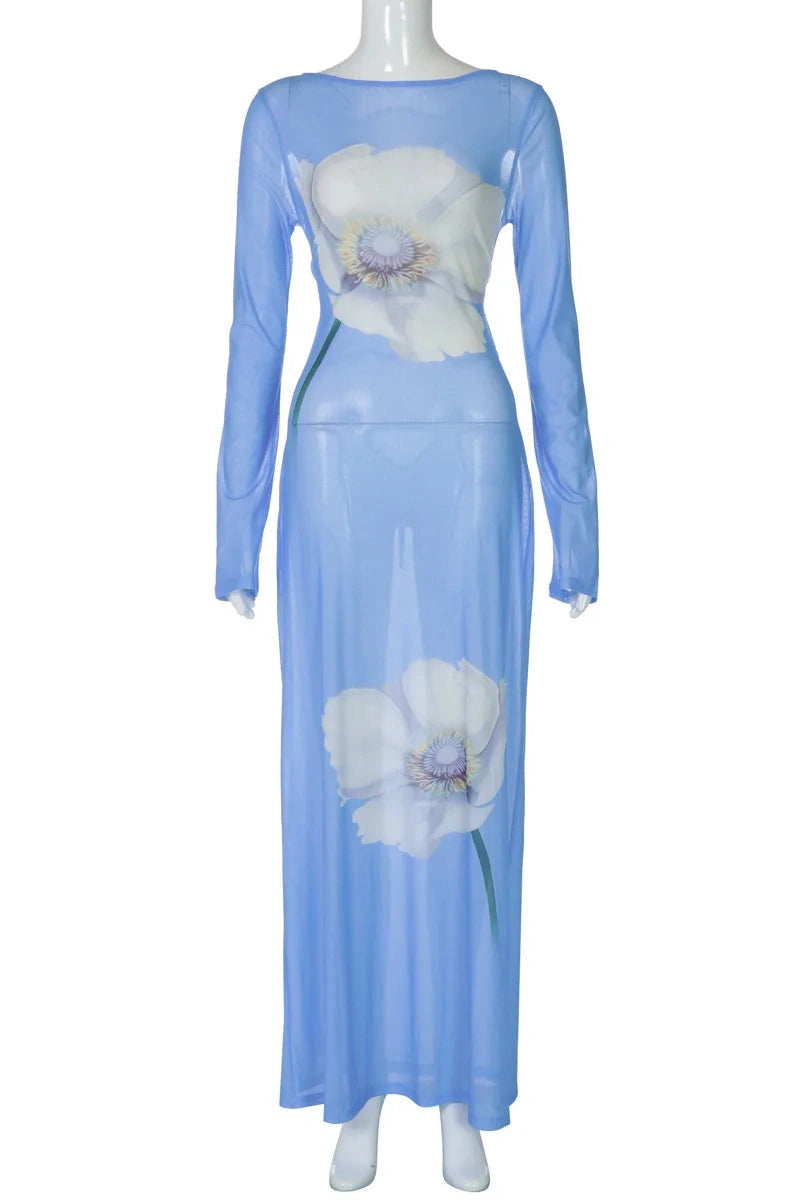 Glorol - See Through Printed Long Sleeve Lace-Up Backless Maxi Dress
