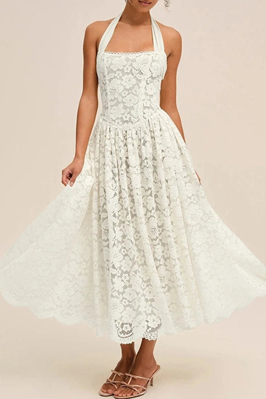 Glorol - Hollow Out Backless Sleeveless Slim Pleated Lace Midi Dress