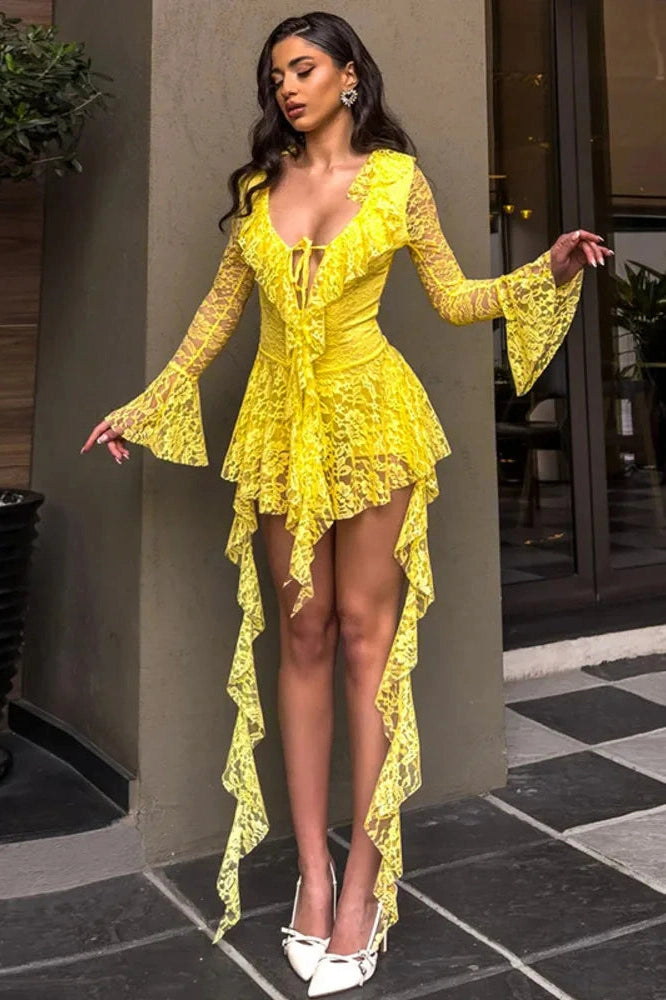 Glorol - Lace Deep V Neck Long Sleeve A-line Mini Dress