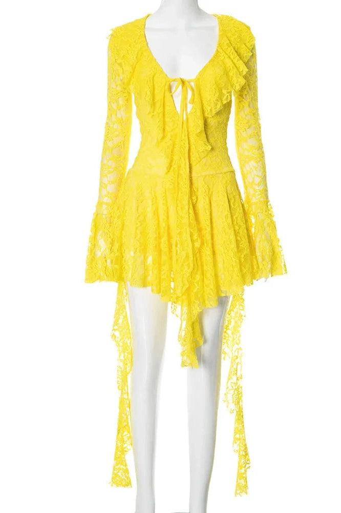 Glorol - Lace Deep V Neck Long Sleeve A-line Mini Dress