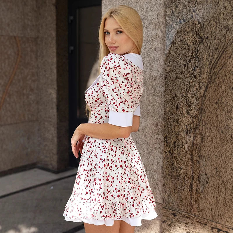 Glorol - Printed Short Sleeve High Waist Mini Dress