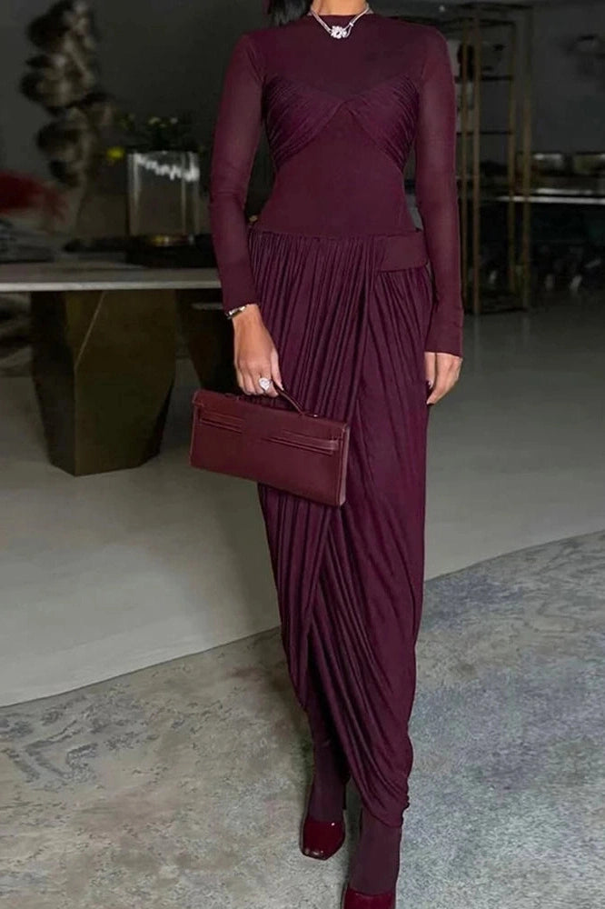 Glorol - Elegant High Waist O-Neck Pleated Irregular Maxi Dress