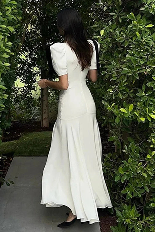 Glorol - Elegant Lace Up Puff Sleeve V Neck Maxi Dress