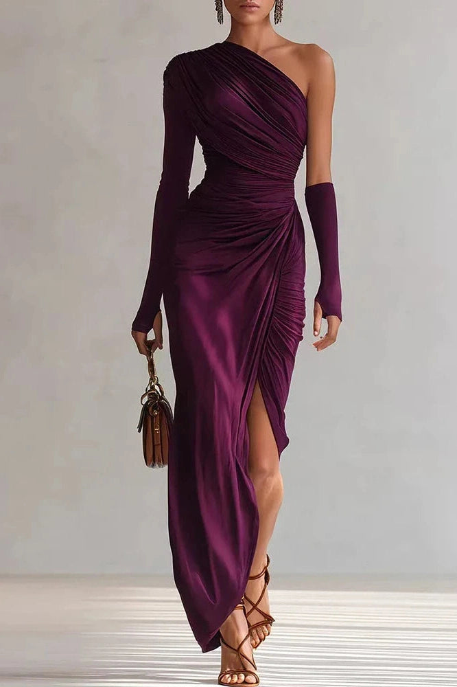 Glorol - Elegant One-Shoulder High Waist Pleated Slim Slash Collar Maxi Dress