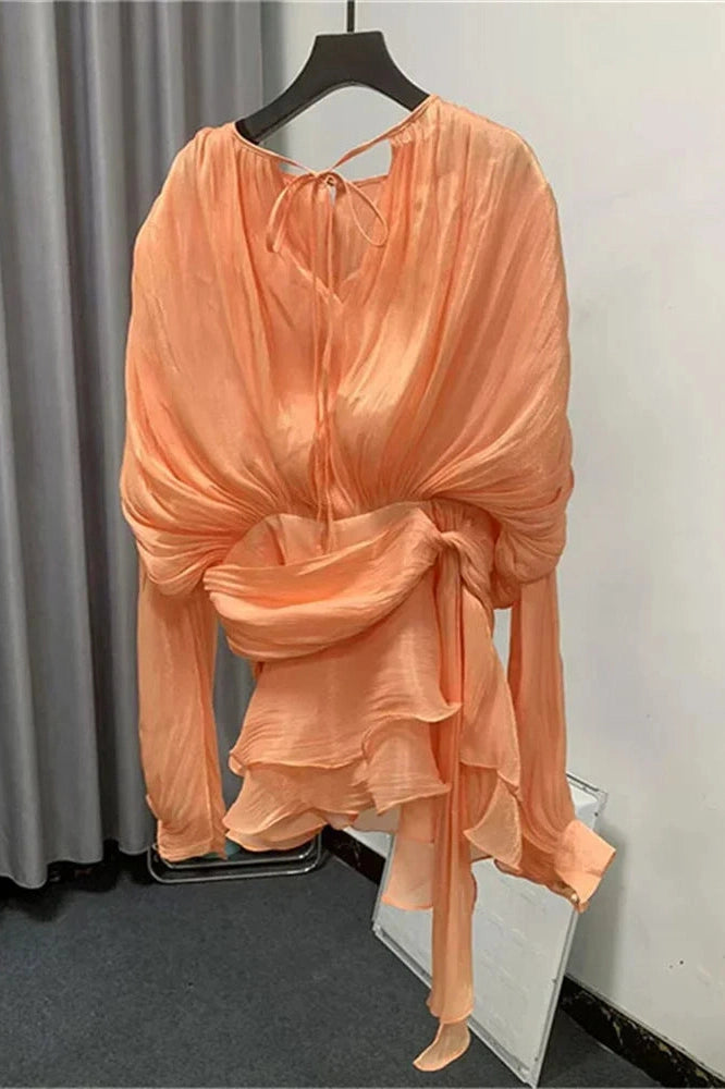 Glorol - Elegant Pleated Long Sleeve High Waist Mini Dress