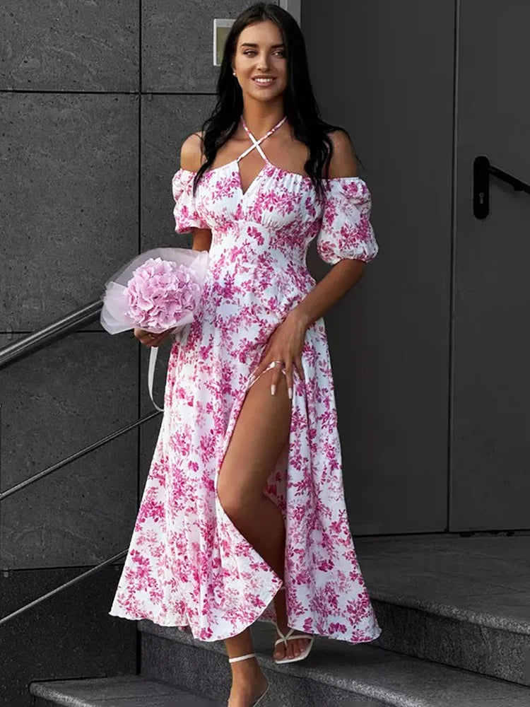 Glorol - Off Shoulder Lace Up Patchwork Print Maxi Dress
