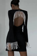 Glorol - Hollow Out Square Collar Patchwork Slim Flare Sleeve Mini Dress