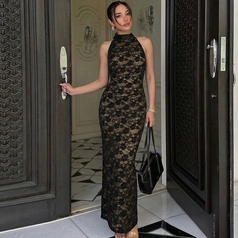 Glorol - Lace Backless High Waist Slim Maxi Dress