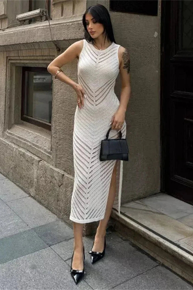 Glorol - Hollow Out Patchwork High Waist Sleeveless Maxi Dress