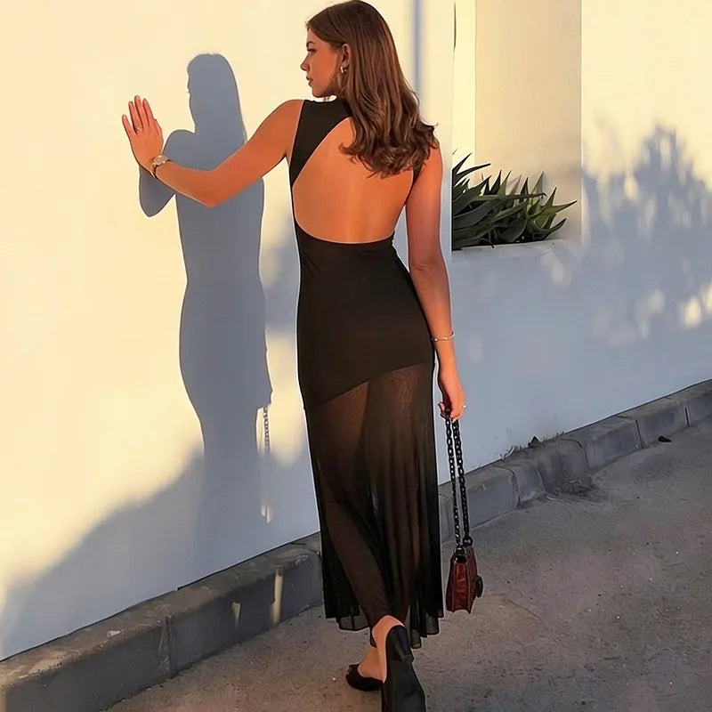 Glorol - Backless See Through Patchwork Maxi Dress