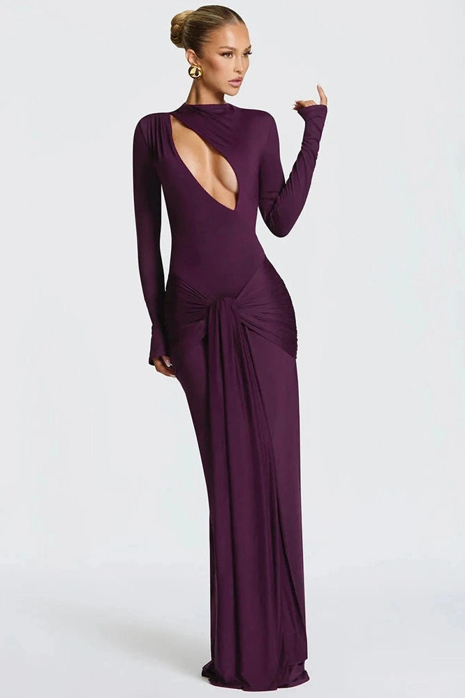 Glorol - Hollow Out Long Sleeve O Neck Bodycon Maxi Dress