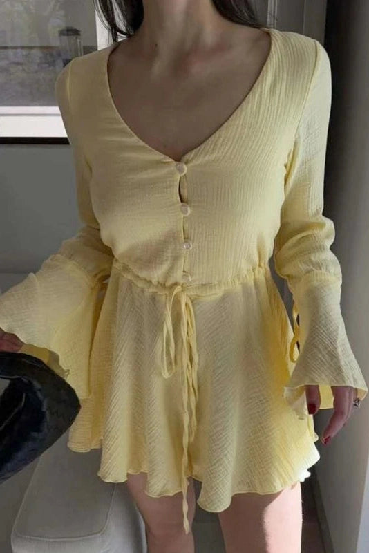 Glorol - Flared-Sleeve V-Neck Lace-Up Button A-Line Mini Dress