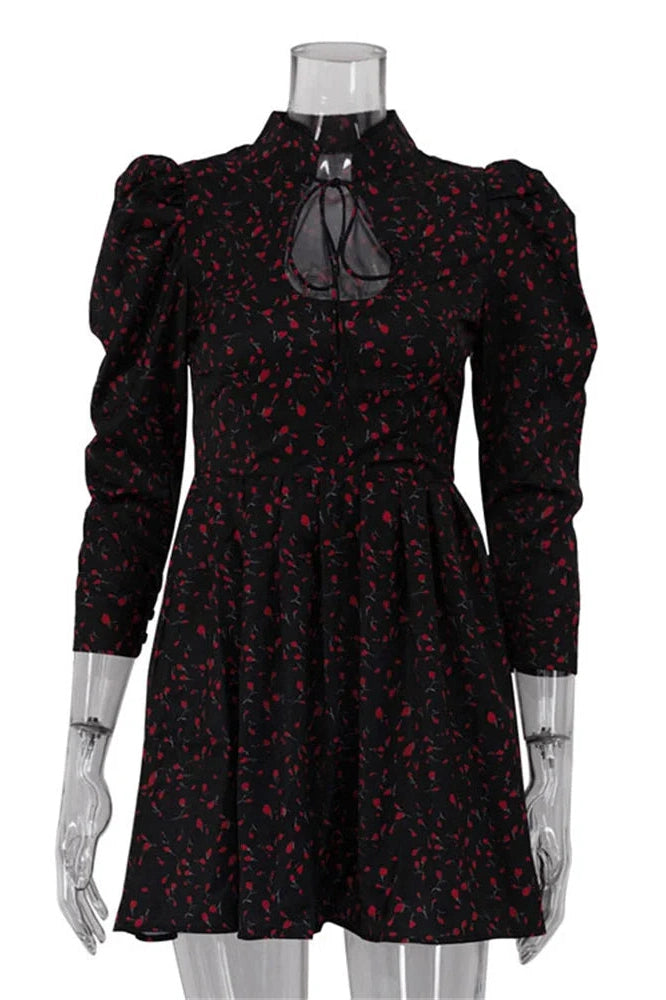 Glorol - Printed Lace-Up Patchwork Long Sleeve High Waist Mini Dress